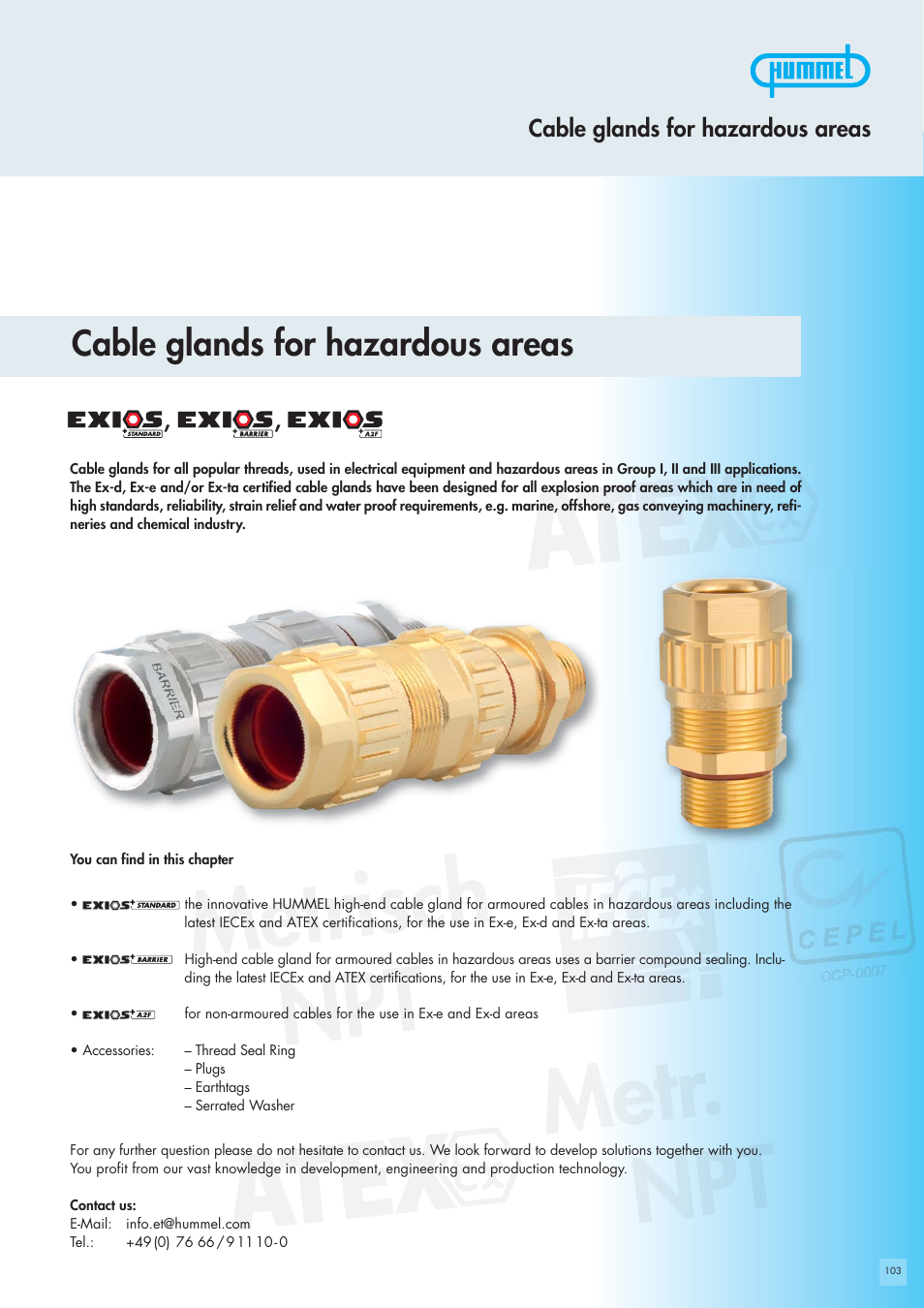 Northern Connectors Hummel Cable Glands - Exios Standard, Exios Barrier, Exios A2F for Hazardous Areas User Manual | 8 pages