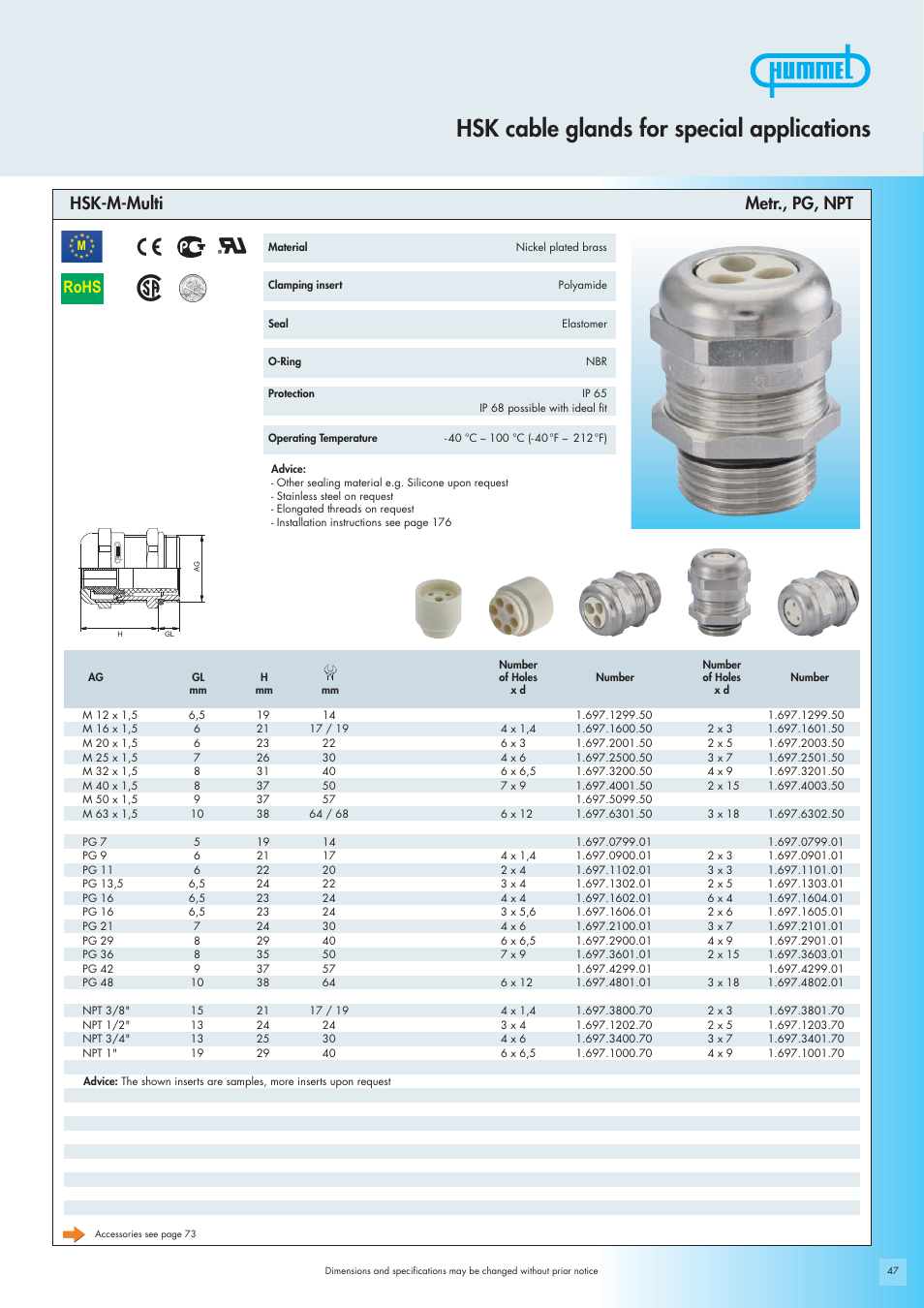 Hsk cable glands for special applications, Rohs, Hsk-m-multi metr., pg, npt | Northern Connectors Hummel Cable Glands - for Special Applications (HSK Special) User Manual | Page 11 / 20