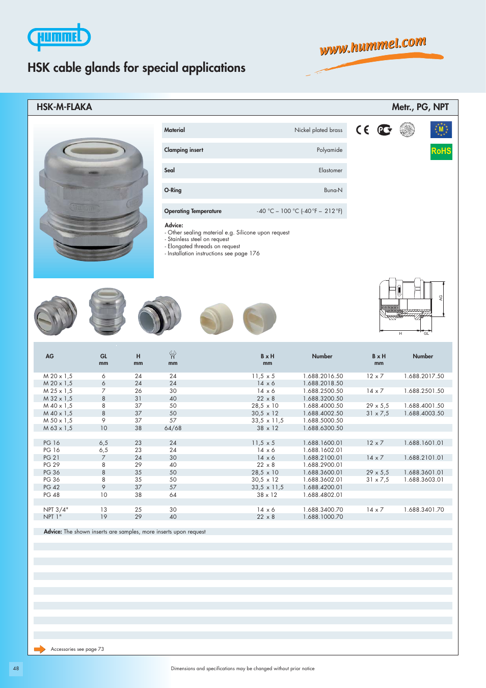 Hsk cable glands for special applications, Rohs, Hsk-m-flaka metr., pg, npt | Northern Connectors Hummel Cable Glands - for Special Applications (HSK Special) User Manual | Page 12 / 20