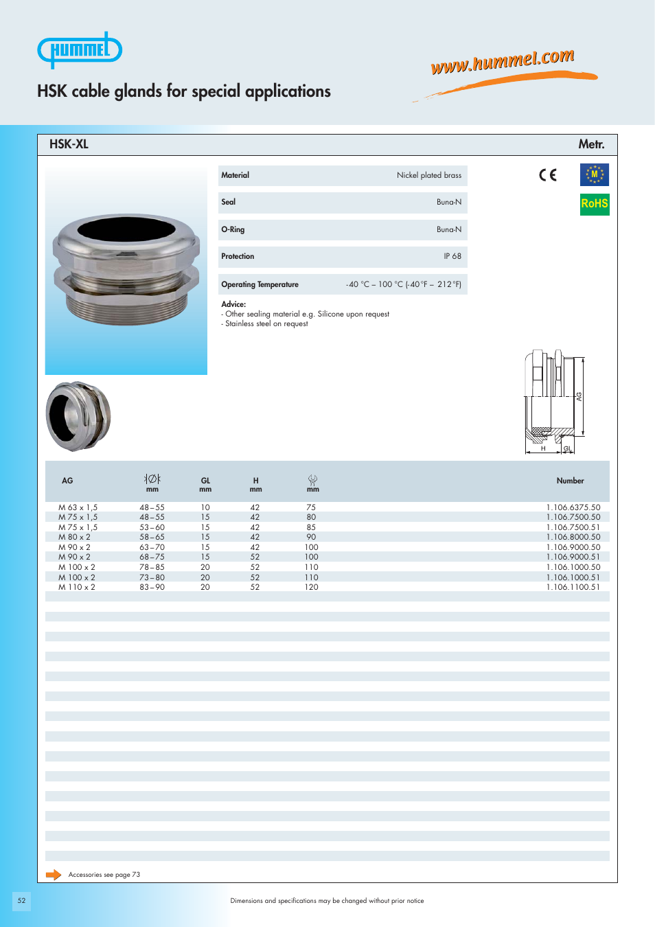 Hsk cable glands for special applications, Rohs, Hsk-xl metr | Northern Connectors Hummel Cable Glands - for Special Applications (HSK Special) User Manual | Page 16 / 20