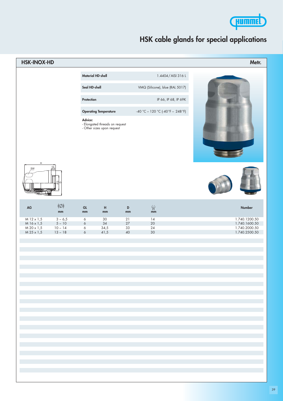 Hsk cable glands for special applications, Hsk-inox-hd metr | Northern Connectors Hummel Cable Glands - for Special Applications (HSK Special) User Manual | Page 3 / 20