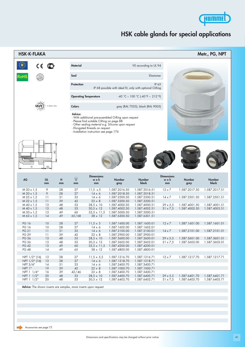 Hsk cable glands for special applications, Rohs, Hsk-k-flaka metr., pg, npt | Northern Connectors Hummel Cable Glands - for Special Applications (HSK Special) User Manual | Page 5 / 20