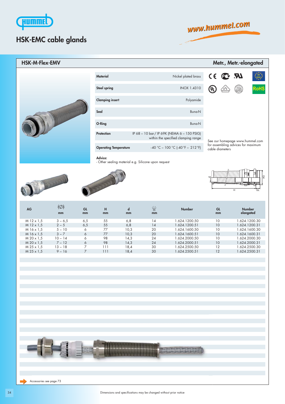 Hsk-emc cable glands, Rohs, Hsk-m-flex-emv metr., metr.-elongated | Northern Connectors Hummel Cable Glands - EMC (HSK-EMC) User Manual | Page 6 / 8