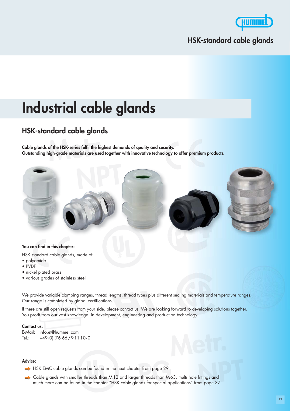 Northern Connectors Hummel Cable Glands - Standard Metal & Plastic (HSK) User Manual | 16 pages