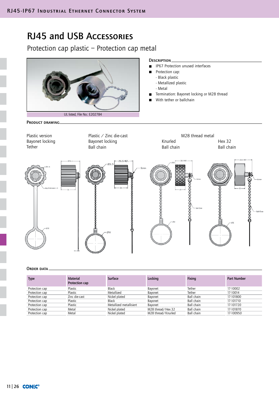 Rj45 and usb accessories, Protection cap plastic – protection cap metal, Rj45-ip67 industrial ethernet connector system | Northern Connectors Conec RJ45 IP67 Industrial Ethernet Connectors User Manual | Page 27 / 28
