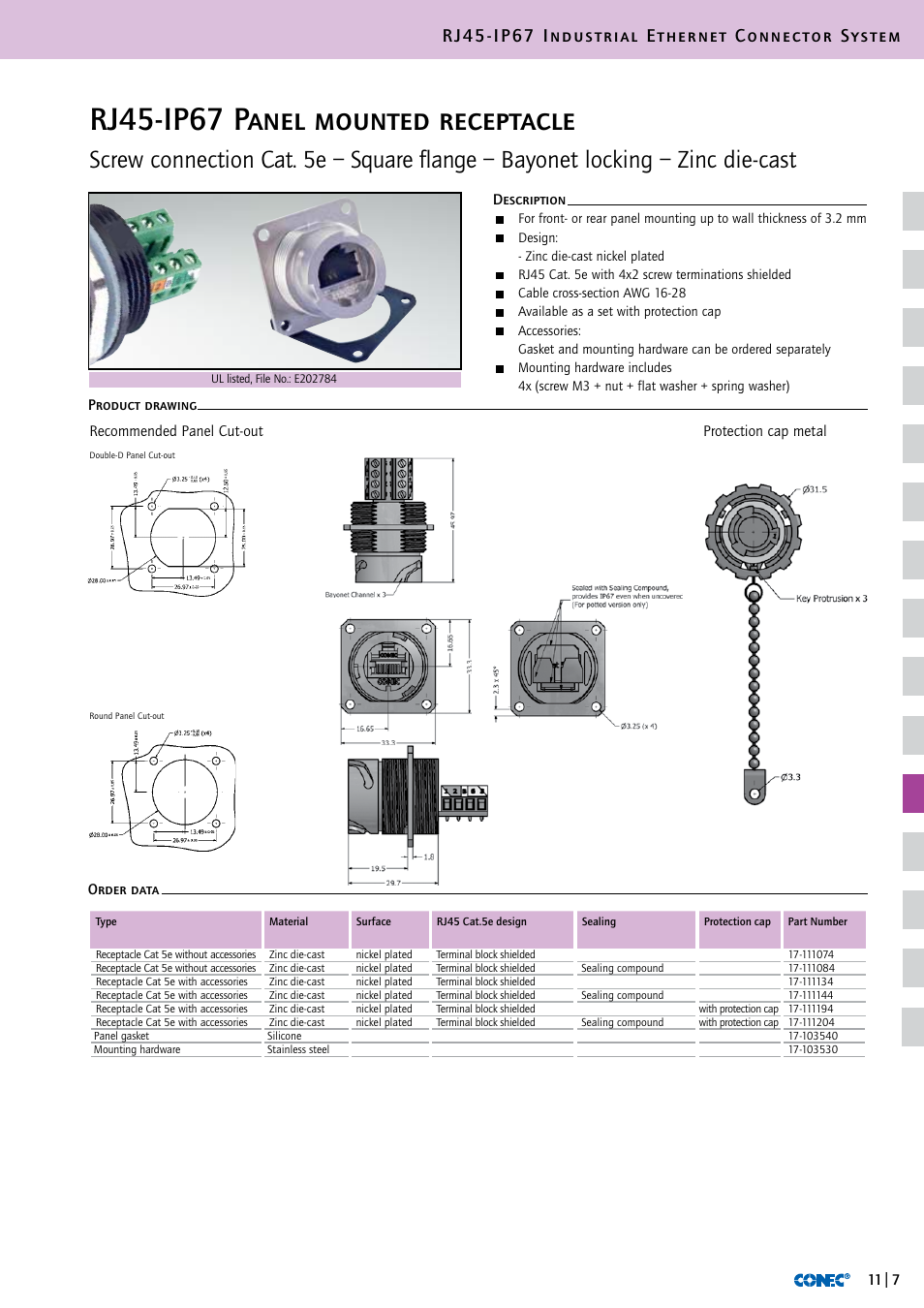Rj45-ip67 panel mounted receptacle, Rj45-ip67 industrial ethernet connector system | Northern Connectors Conec RJ45 IP67 Industrial Ethernet Connectors User Manual | Page 8 / 28