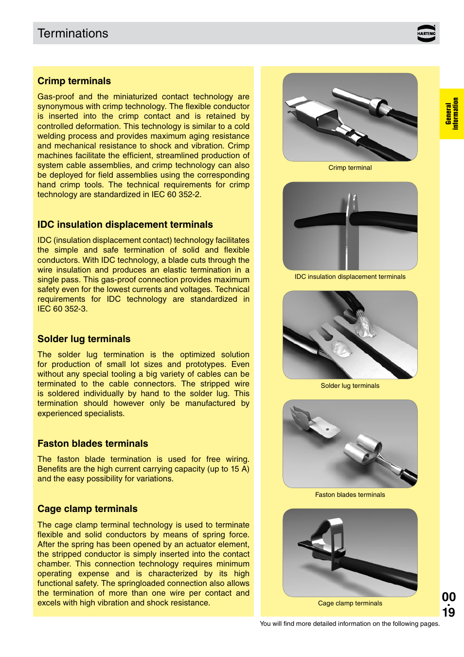 Terminations, Crimp terminals, Idc insulation displacement terminals | Solder lug terminals, Faston blades terminals, Cage clamp terminals | Northern Connectors Harting DIN 41 612 Connectors User Manual | Page 25 / 223
