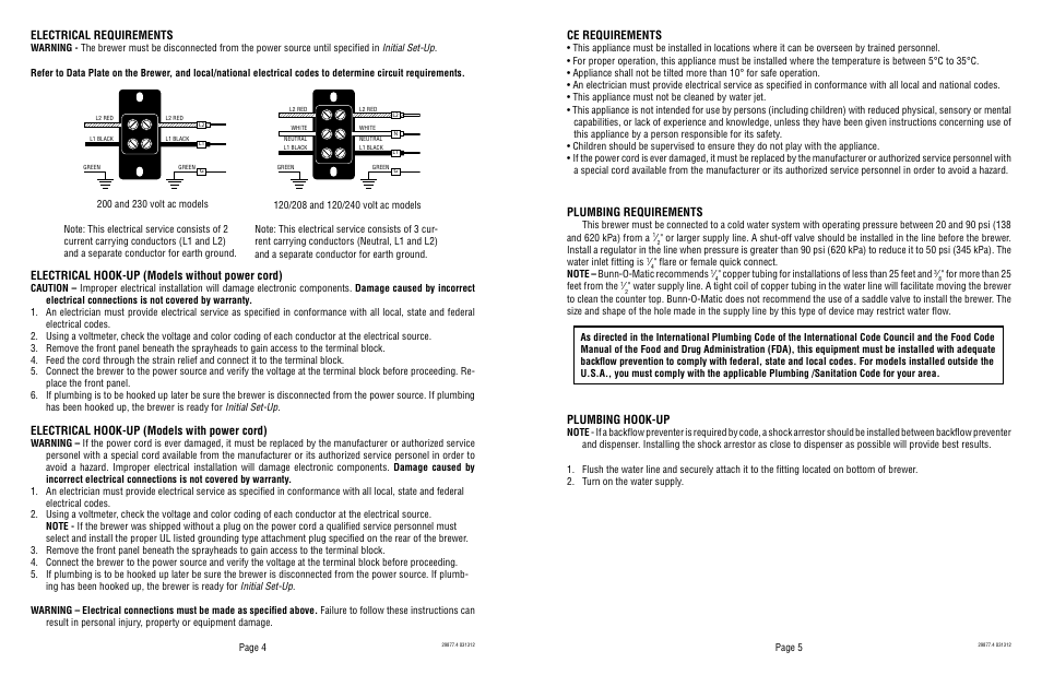 Electrical hook-up (models without power cord), Electrical hook-up (models with power cord), Electrical requirements | Ce requirements, Plumbing requirements, Plumbing hook-up | Bunn Dual SH DBC With Smart Funnel DUAL068000 User Manual | Page 3 / 5