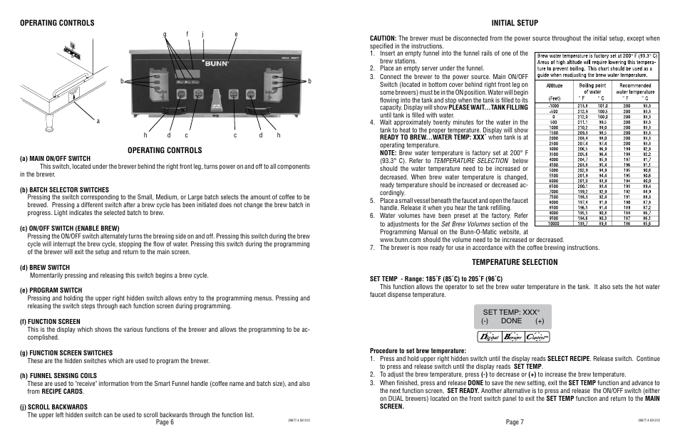 Operating controls, Initial setup, Temperature selection | Bunn Dual SH DBC With Smart Funnel DUAL068000 User Manual | Page 4 / 5
