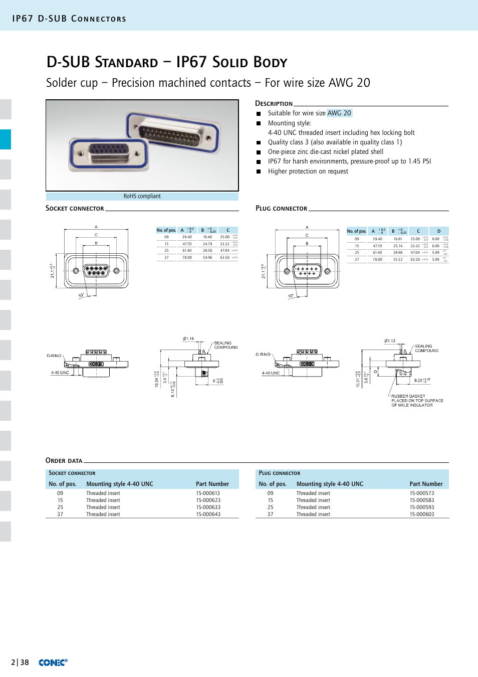 D-sub standard – ip67 solid body, Ip67 d-sub connectors, Suitable for wire size awg 20 | One-piece zinc die-cast nickel plated shell, Higher protection on request | Northern Connectors Conec IP67 D-Sub Connectors User Manual | Page 13 / 20