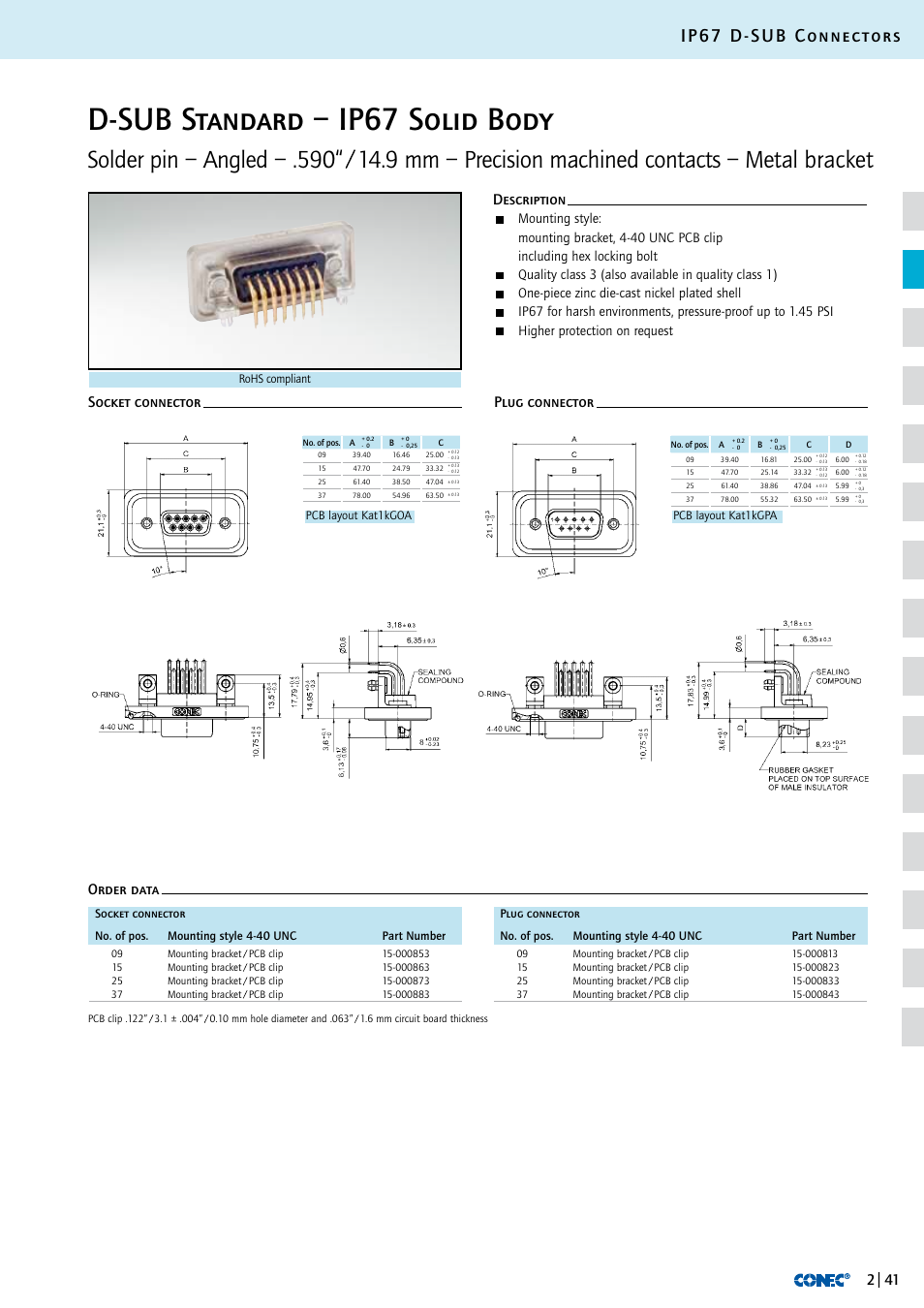 D-sub standard – ip67 solid body, Ip67 d-sub connectors, One-piece zinc die-cast nickel plated shell | Higher protection on request | Northern Connectors Conec IP67 D-Sub Connectors User Manual | Page 16 / 20