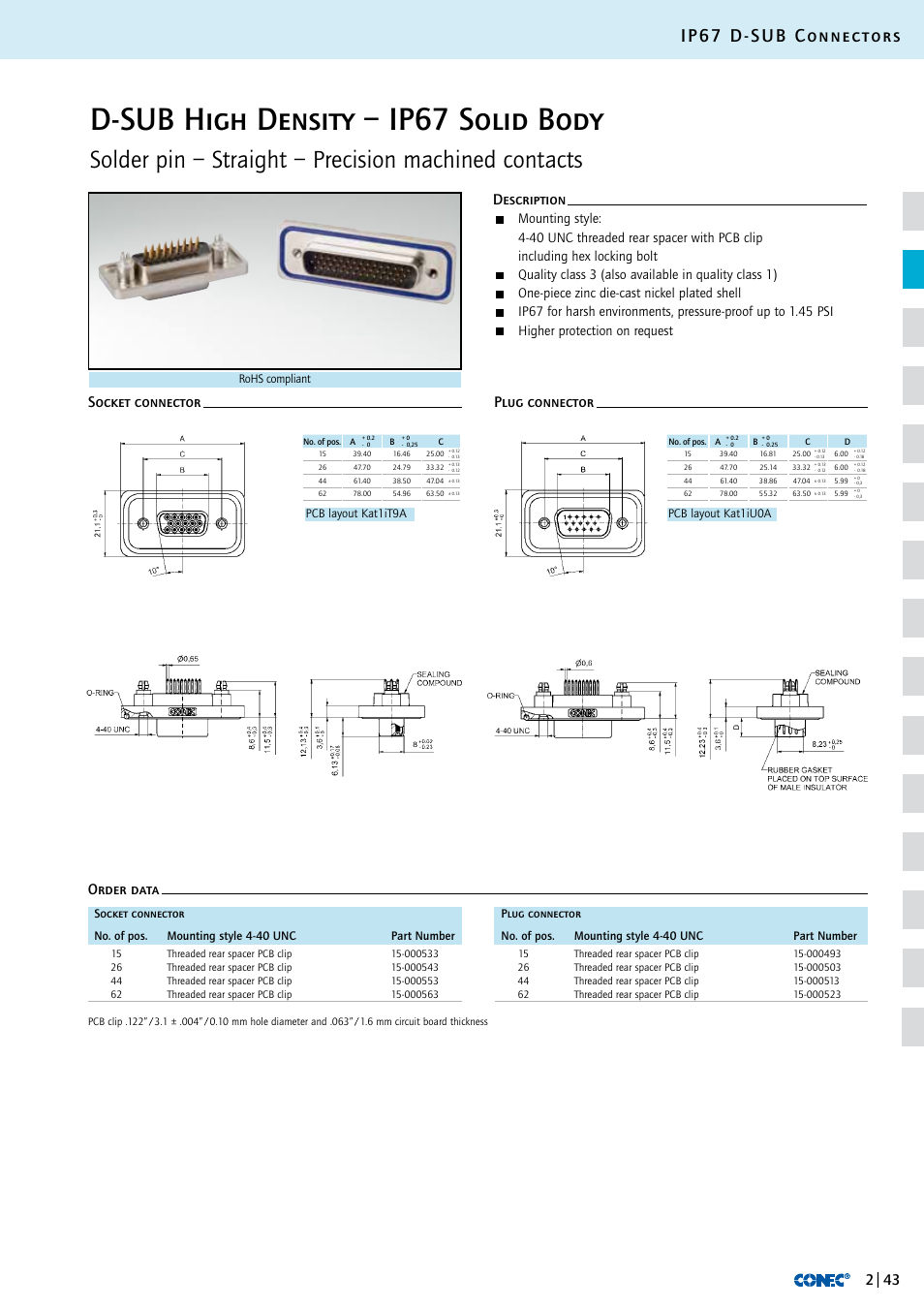 D-sub high density – ip67 solid body, Ip67 d-sub connectors, One-piece zinc die-cast nickel plated shell | Higher protection on request | Northern Connectors Conec IP67 D-Sub Connectors User Manual | Page 18 / 20