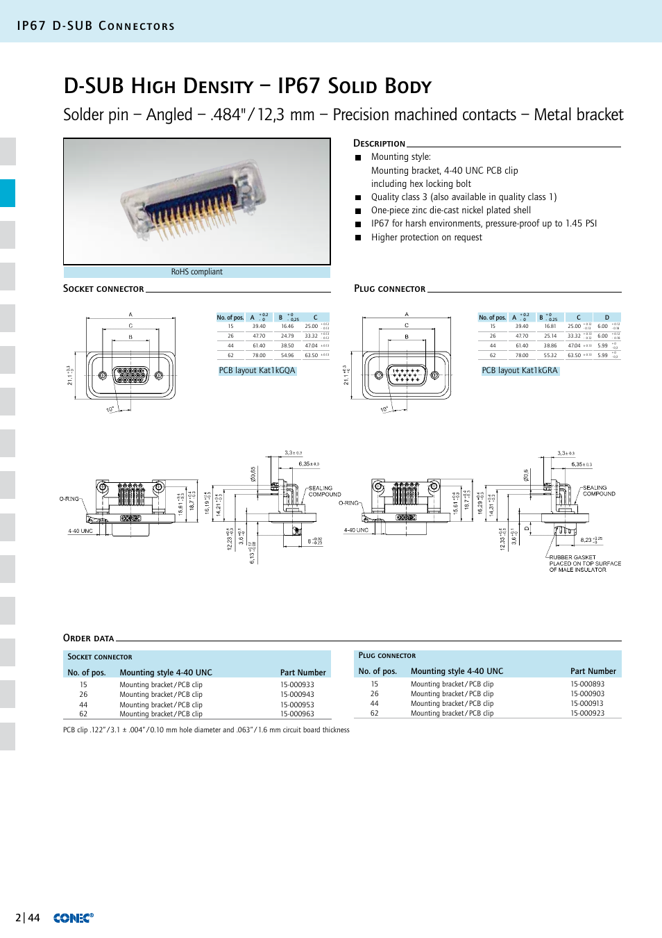 D-sub high density – ip67 solid body, Ip67 d-sub connectors, One-piece zinc die-cast nickel plated shell | Higher protection on request | Northern Connectors Conec IP67 D-Sub Connectors User Manual | Page 19 / 20