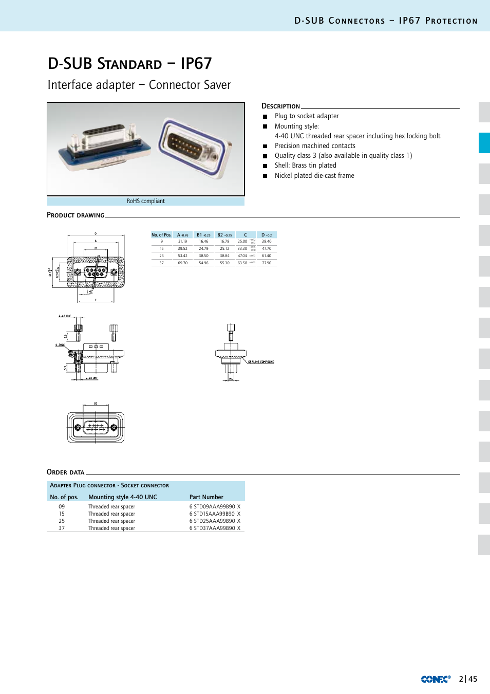 D-sub standard – ip67, Interface adapter – connector saver, D-sub connectors – ip67 protection | Description order data product drawing, Plug to socket adapter, Precision machined contacts, Shell: brass tin plated, Nickel plated die-cast frame | Northern Connectors Conec IP67 D-Sub Connectors User Manual | Page 20 / 20