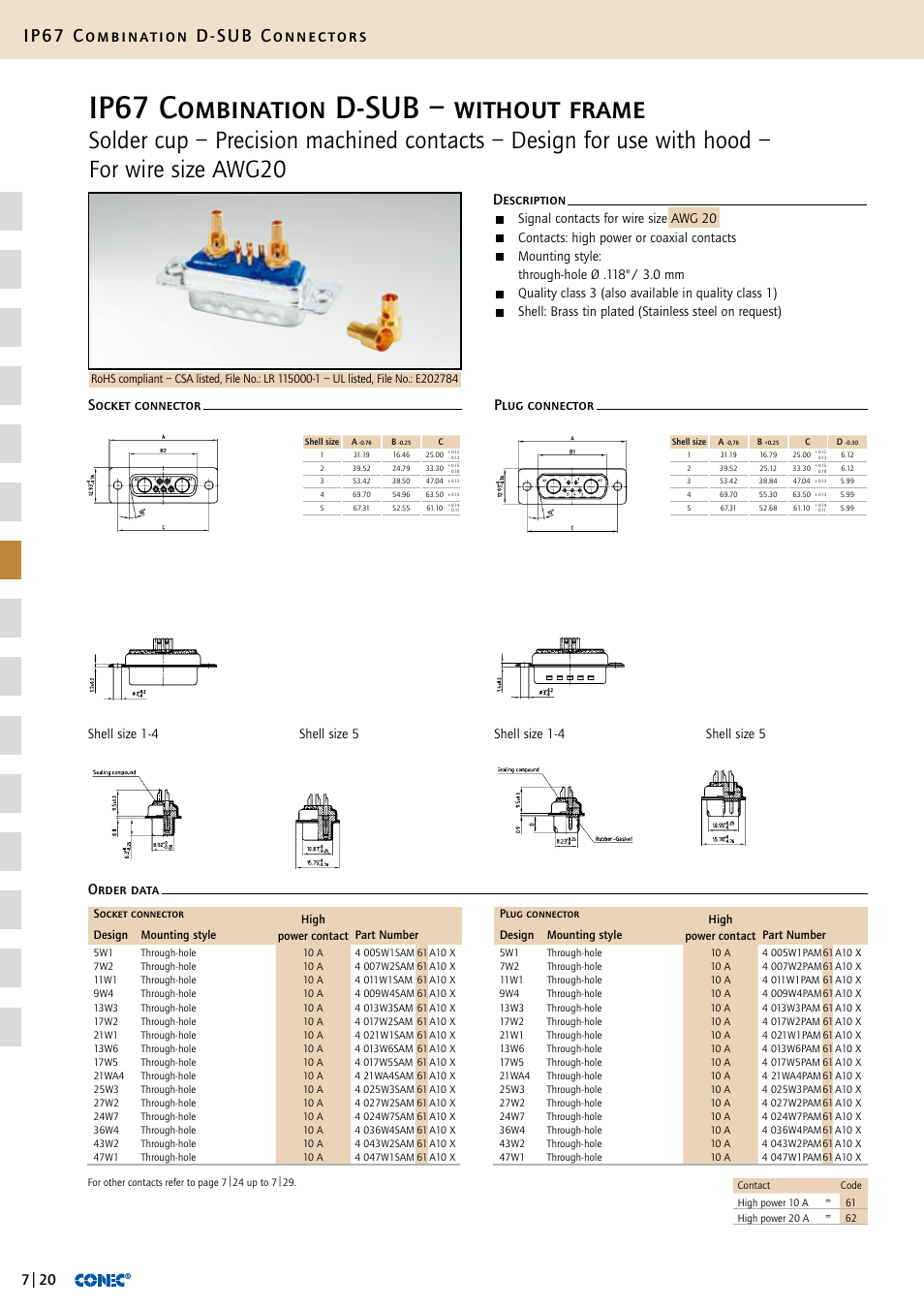 Ip67 combination d-sub – without frame, Ip67 combination d-sub connectors, Signal contacts for wire size awg 20 | Contacts: high power or coaxial contacts | Northern Connectors Conec IP67 Combination D-Sub Connectors User Manual | Page 21 / 30