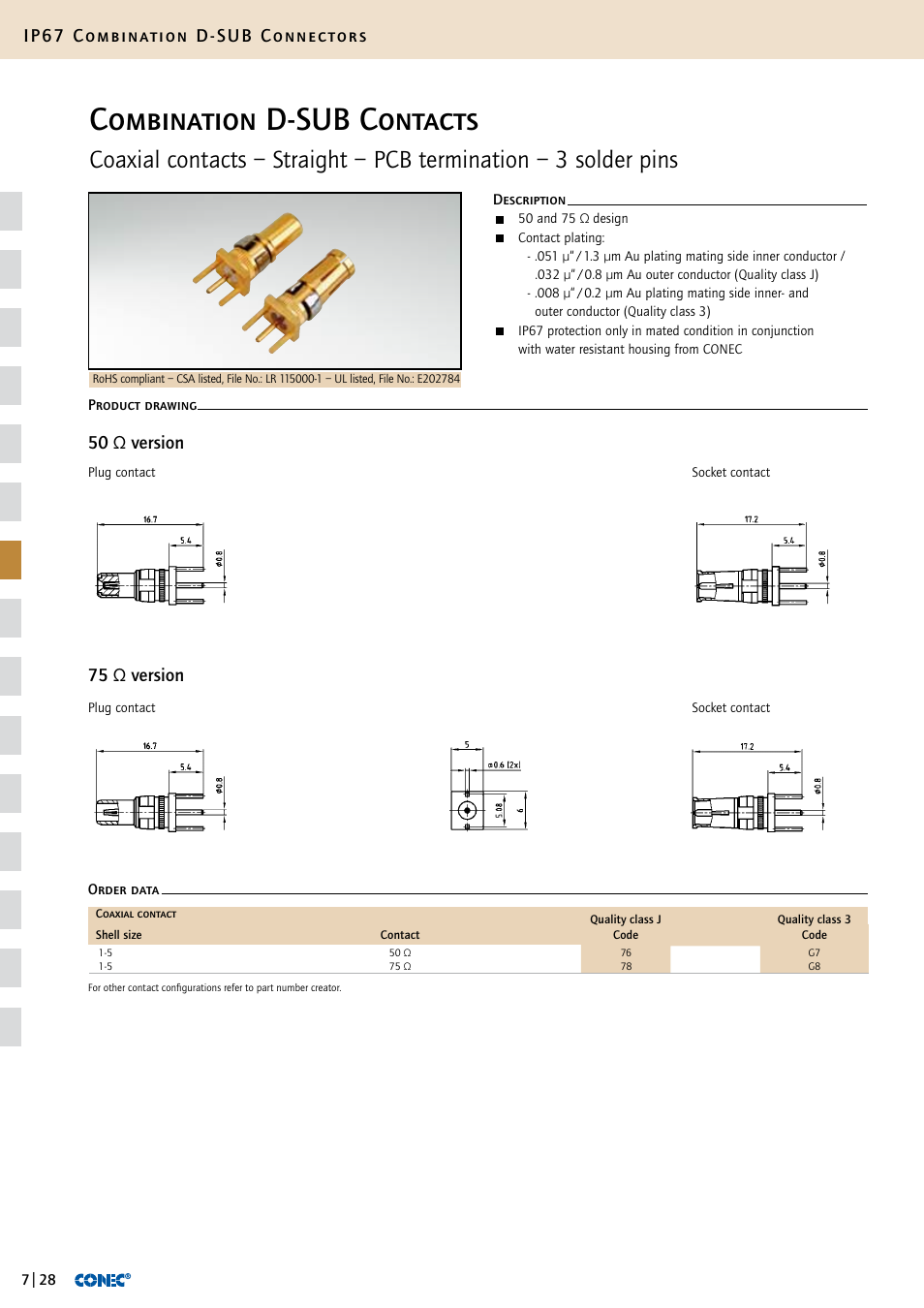 Combination d-sub contacts, Ip67 combination d-sub connectors, 75 ω version 50 ω version | Northern Connectors Conec IP67 Combination D-Sub Connectors User Manual | Page 29 / 30
