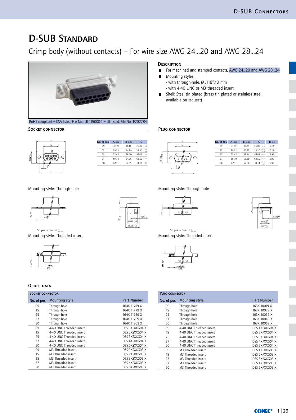 D-sub standard, D-sub connectors, Mounting style: threaded insert | Northern Connectors Conec D-Sub Standard Connectors User Manual | Page 10 / 33