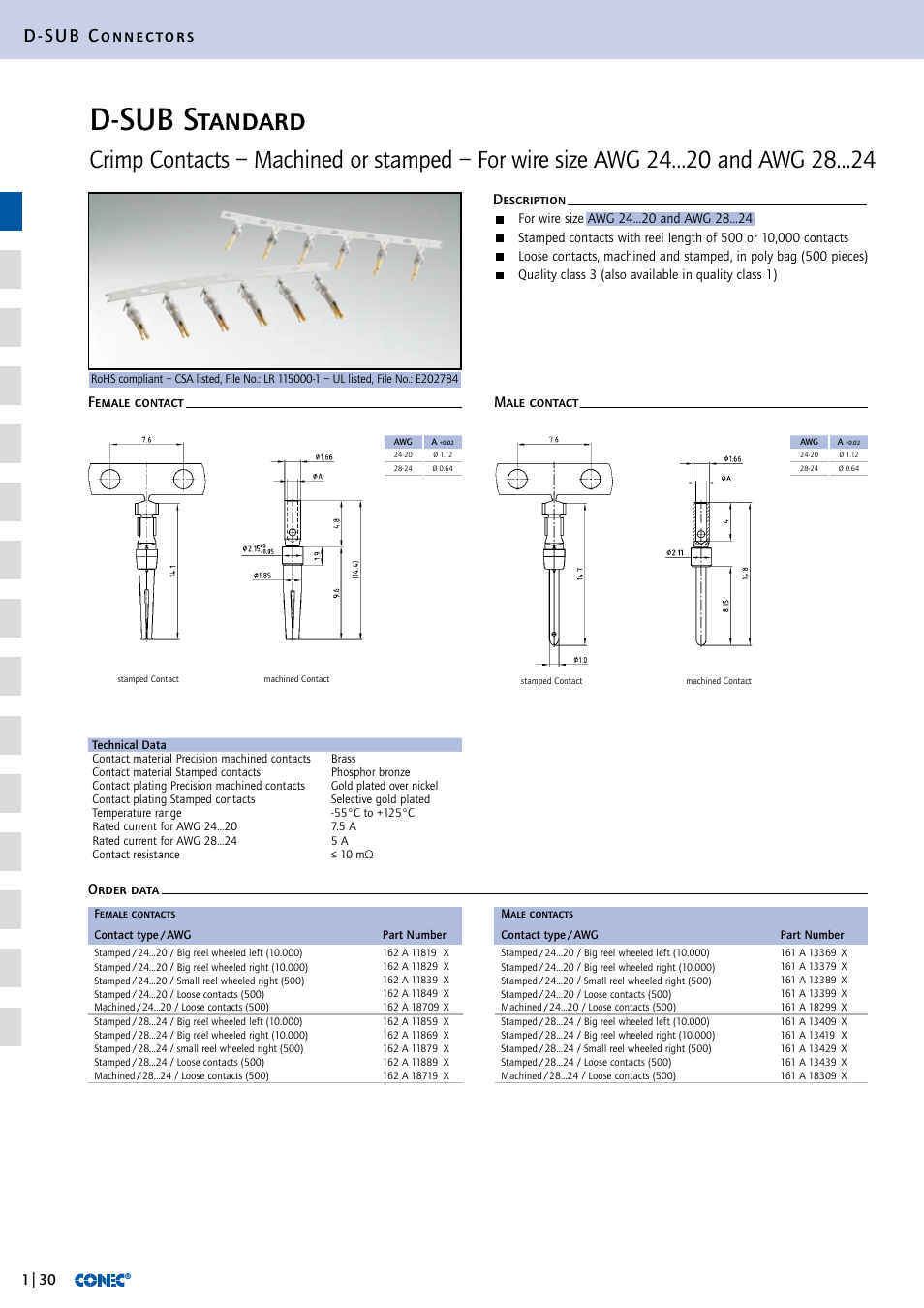 D-sub standard, D-sub connectors, Order data | Female contact male contact, Description | Northern Connectors Conec D-Sub Standard Connectors User Manual | Page 11 / 33