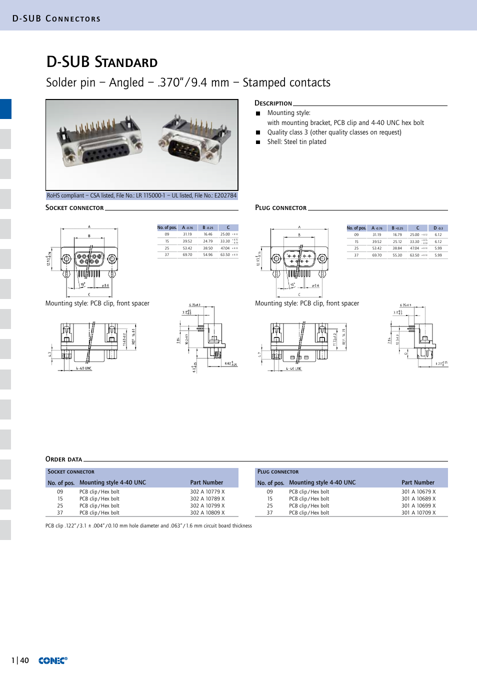 D-sub standard, D-sub connectors, Quality class 3 (other quality classes on request) | Shell: steel tin plated, Mounting style: pcb clip, front spacer | Northern Connectors Conec D-Sub Standard Connectors User Manual | Page 16 / 33