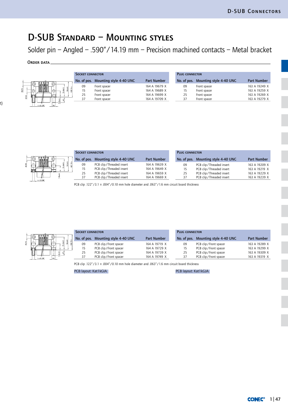 D-sub standard, D-sub standard – mounting styles, D-sub connectors | Order data | Northern Connectors Conec D-Sub Standard Connectors User Manual | Page 23 / 33