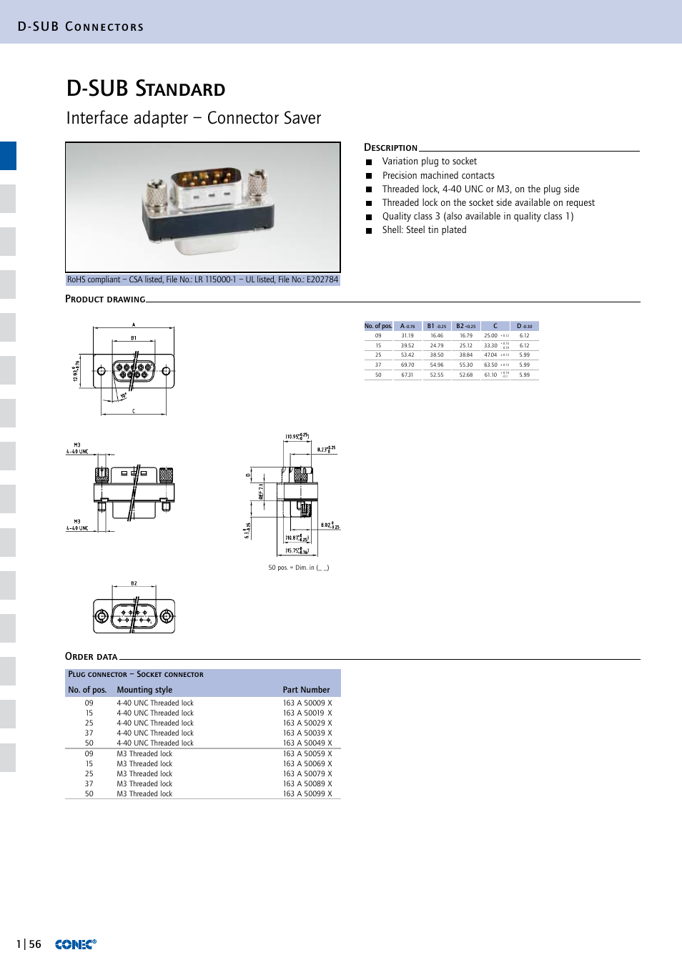 D-sub standard, Interface adapter – connector saver, D-sub connectors | Description order data product drawing, Variation plug to socket, Precision machined contacts, Threaded lock, 4-40 unc or m3, on the plug side, Shell: steel tin plated | Northern Connectors Conec D-Sub Standard Connectors User Manual | Page 32 / 33