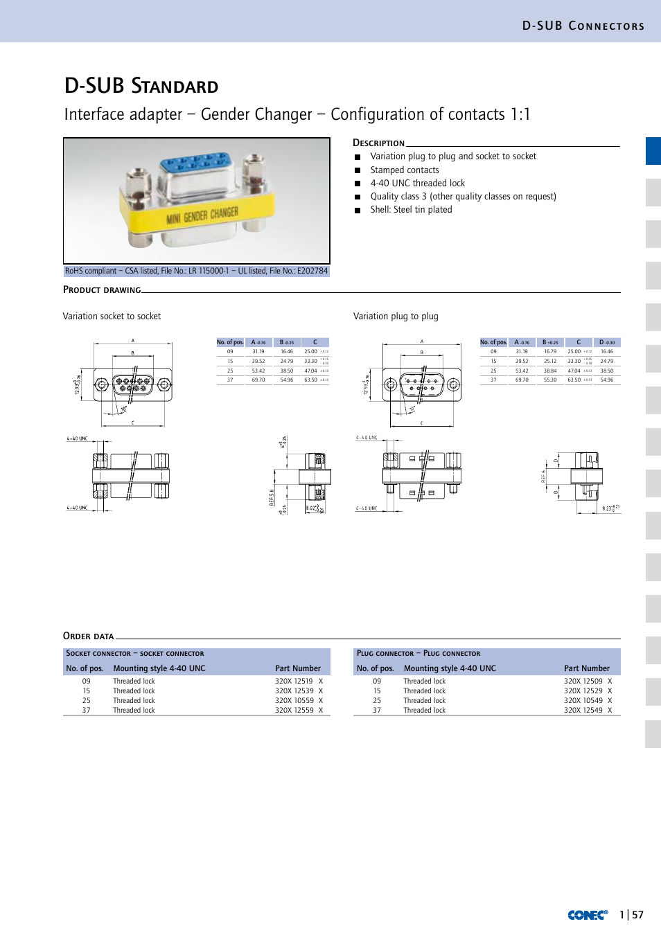 D-sub standard, Interface adapter – connector saver, D-sub connectors | Description order data product drawing, Variation plug to socket, Precision machined contacts, Threaded lock, 4-40 unc or m3, on the plug side, Shell: steel tin plated, Variation plug to plug and socket to socket, Stamped contacts | Northern Connectors Conec D-Sub Standard Connectors User Manual | Page 33 / 33