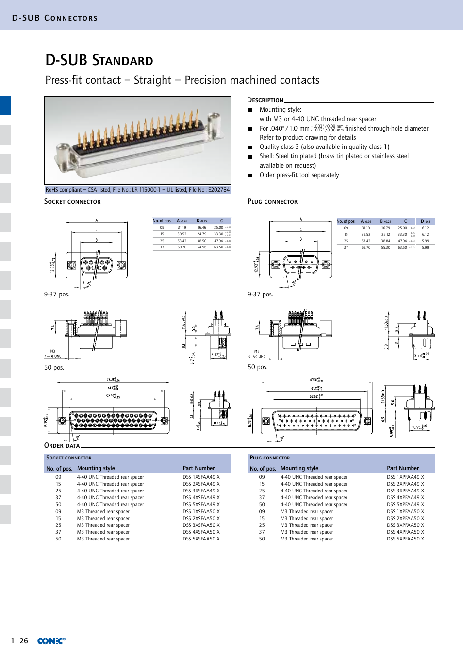 D-sub standard, D-sub connectors, 50 pos | 37 pos, Order press-fit tool separately | Northern Connectors Conec D-Sub Standard Connectors User Manual | Page 7 / 33