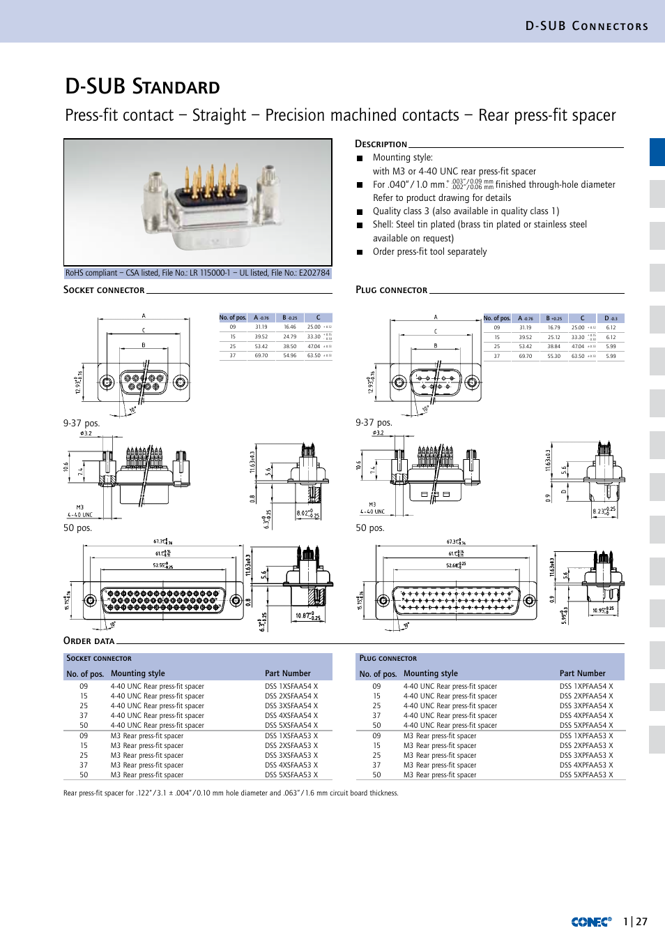 D-sub standard, D-sub connectors, 50 pos | Order press-fit tool separately | Northern Connectors Conec D-Sub Standard Connectors User Manual | Page 8 / 33