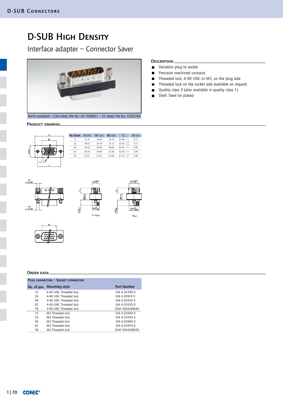 D-sub high density, Interface adapter – connector saver, D-sub connectors | Description order data product drawing, Variation plug to socket, Precision machined contacts, Threaded lock, 4-40 unc or m3, on the plug side, Shell: steel tin plated | Northern Connectors Conec D-Sub High Density Connectors User Manual | Page 13 / 13