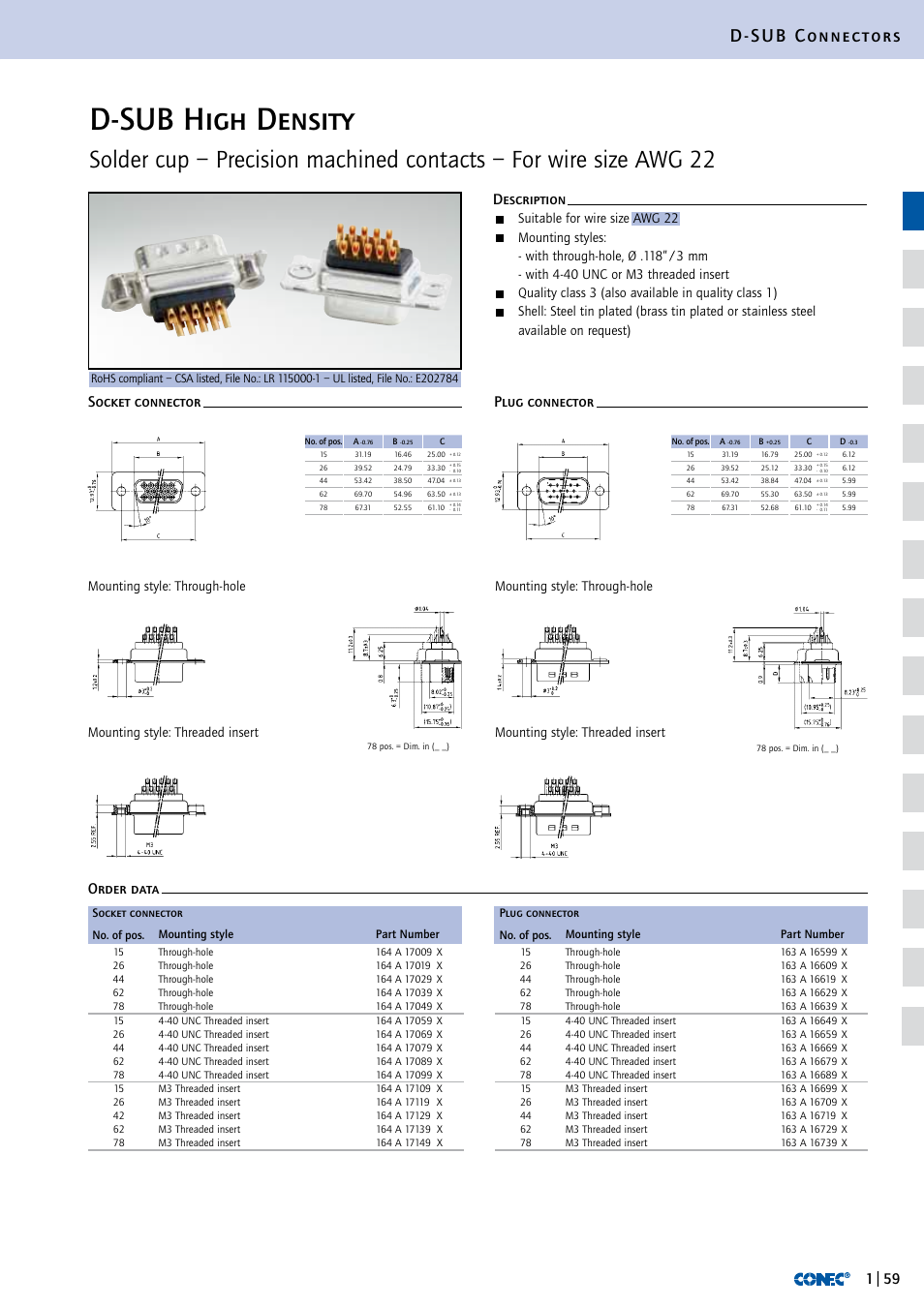 D-sub high density, D-sub connectors, Suitable for wire size awg 22 | Mounting style: with through-hole ø .118" 3 mm, Quality class 3 (other quality classes on request), Shell: steel tin plated | Northern Connectors Conec D-Sub High Density Connectors User Manual | Page 2 / 13