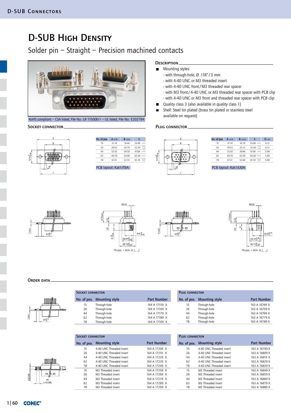 D-sub high density, D-sub connectors, Description socket connector plug connector | Order data | Northern Connectors Conec D-Sub High Density Connectors User Manual | Page 3 / 13