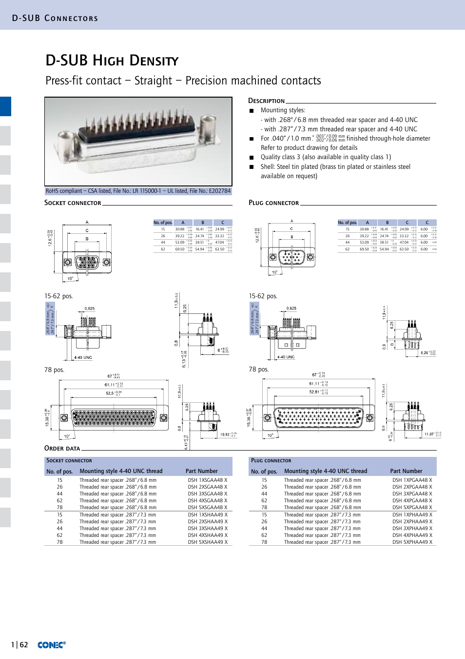 D-sub high density, D-sub connectors, 78 pos | Northern Connectors Conec D-Sub High Density Connectors User Manual | Page 5 / 13