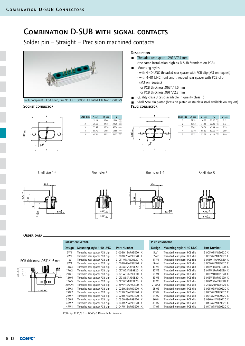 Combination d-sub with signal contacts, Combination d-sub connectors, Shell size 5 | Northern Connectors Conec D-Sub Combination Connectors User Manual | Page 13 / 52