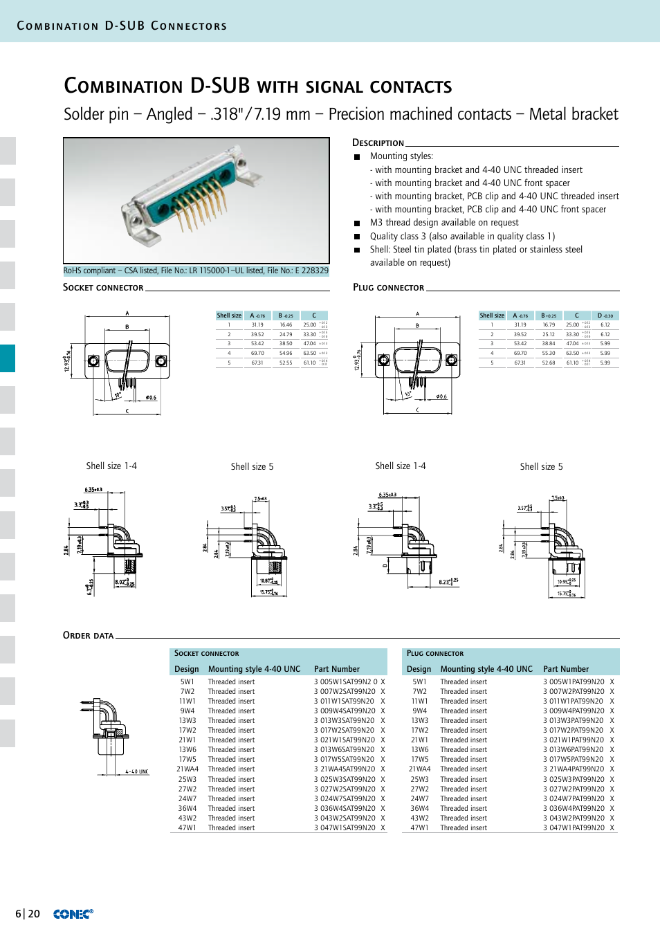 Combination d-sub with signal contacts, Combination d-sub connectors, Shell size 1-4 | Shell size 1-4 shell size 5 shell size 5, M3 thread design available on request | Northern Connectors Conec D-Sub Combination Connectors User Manual | Page 21 / 52