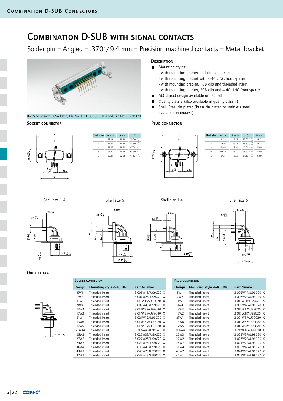 Combination d-sub with signal contacts, Combination d-sub connectors, M3 thread design available on request | Northern Connectors Conec D-Sub Combination Connectors User Manual | Page 23 / 52