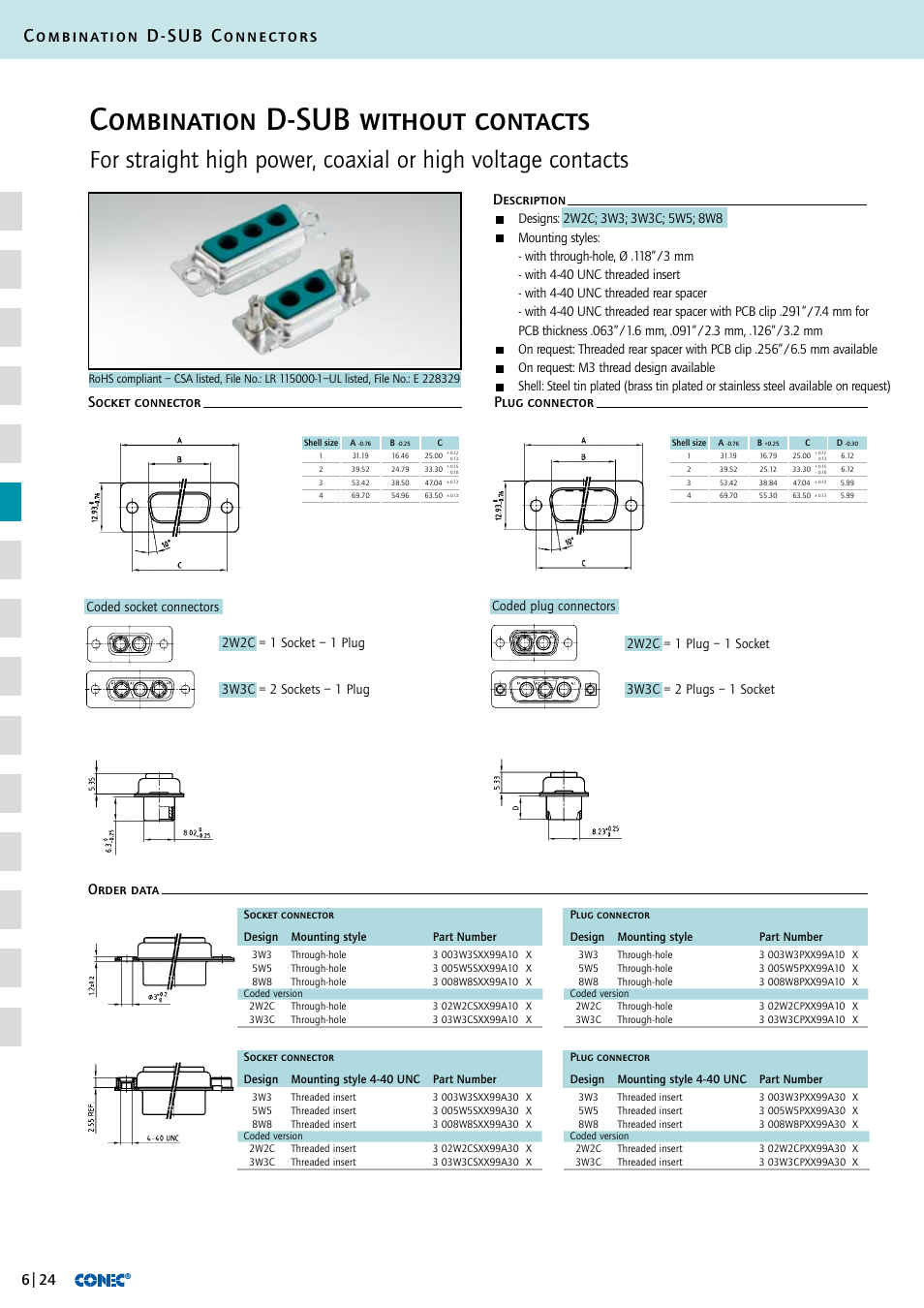 Combination d-sub without contacts, Combination d-sub connectors | Northern Connectors Conec D-Sub Combination Connectors User Manual | Page 25 / 52