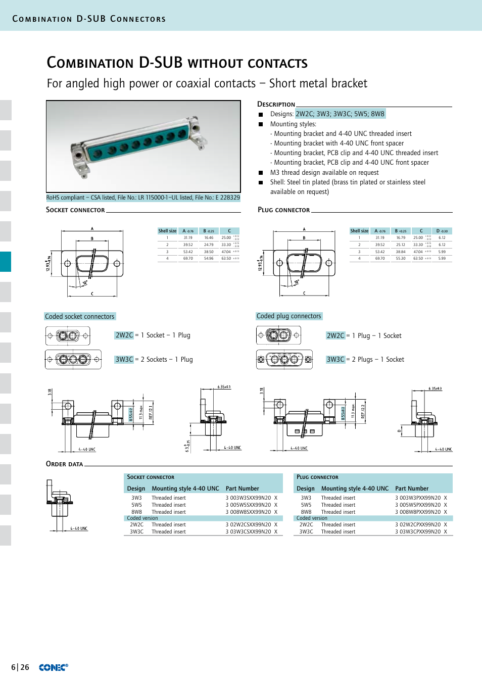 Combination d-sub without contacts, Combination d-sub connectors, M3 thread design available on request | Northern Connectors Conec D-Sub Combination Connectors User Manual | Page 27 / 52