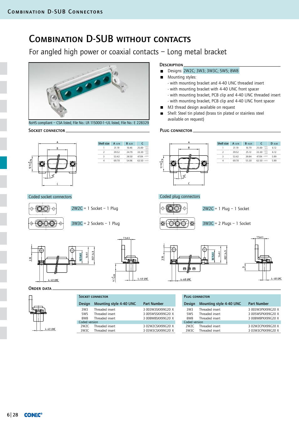 Combination d-sub without contacts, Combination d-sub connectors, M3 thread design available on request | Northern Connectors Conec D-Sub Combination Connectors User Manual | Page 29 / 52