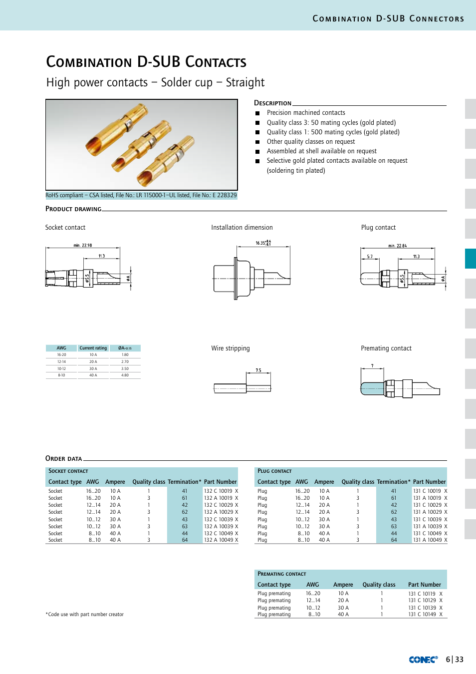 Combination d-sub contacts, High power contacts – solder cup – straight, Combination d-sub connectors | Description order data product drawing | Northern Connectors Conec D-Sub Combination Connectors User Manual | Page 34 / 52