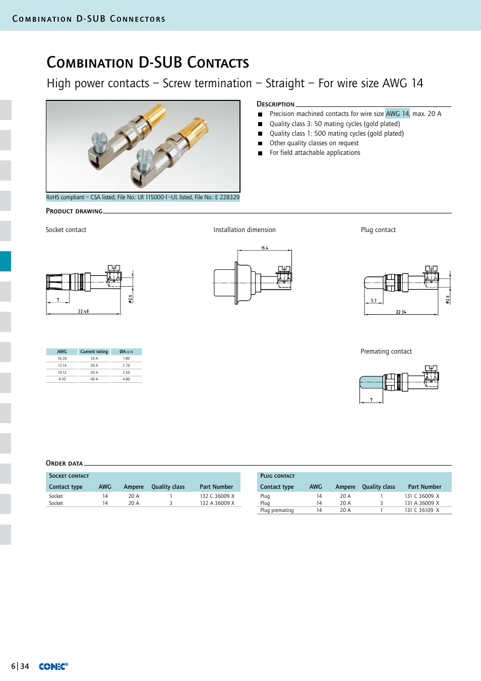 Combination d-sub contacts, Combination d-sub connectors, Description order data product drawing | Northern Connectors Conec D-Sub Combination Connectors User Manual | Page 35 / 52