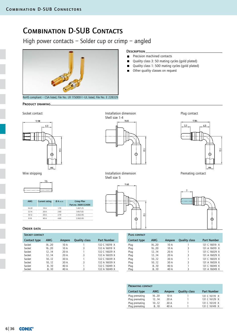 Combination d-sub contacts, High power contacts – solder cup or crimp – angled, Combination d-sub connectors | Description order data product drawing | Northern Connectors Conec D-Sub Combination Connectors User Manual | Page 37 / 52