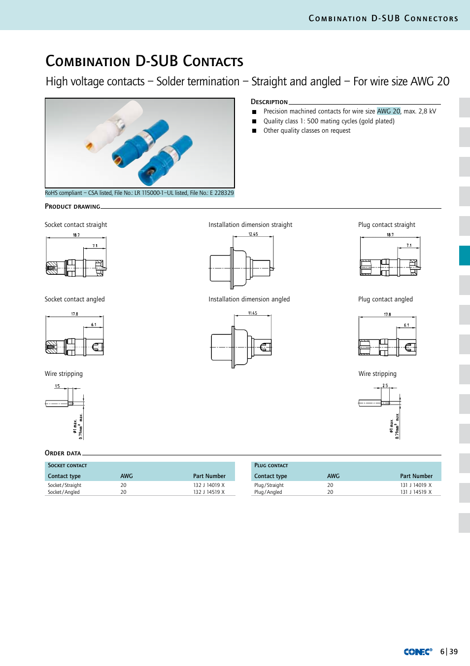 Combination d-sub contacts, Combination d-sub connectors | Northern Connectors Conec D-Sub Combination Connectors User Manual | Page 40 / 52