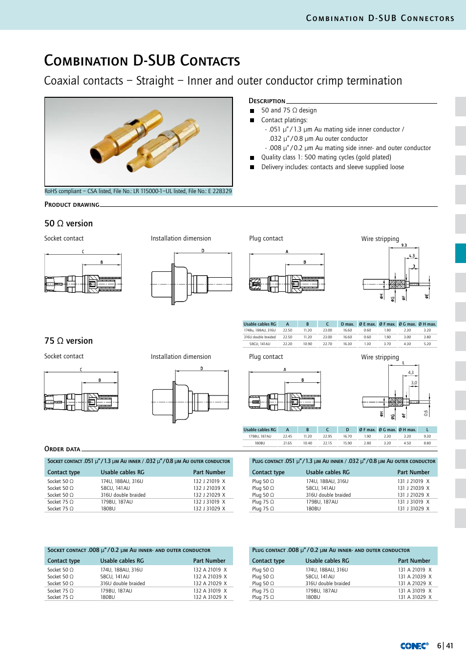 Combination d-sub contacts, Combination d-sub connectors, 75 ω version 50 ω version | Description order data product drawing | Northern Connectors Conec D-Sub Combination Connectors User Manual | Page 42 / 52