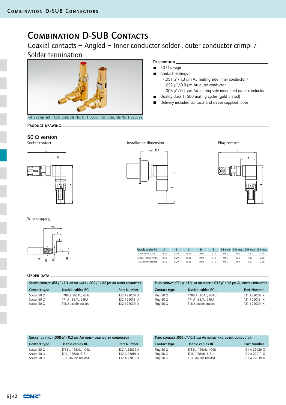 Combination d-sub contacts, Combination d-sub connectors, 50 ω version | Description order data product drawing | Northern Connectors Conec D-Sub Combination Connectors User Manual | Page 43 / 52