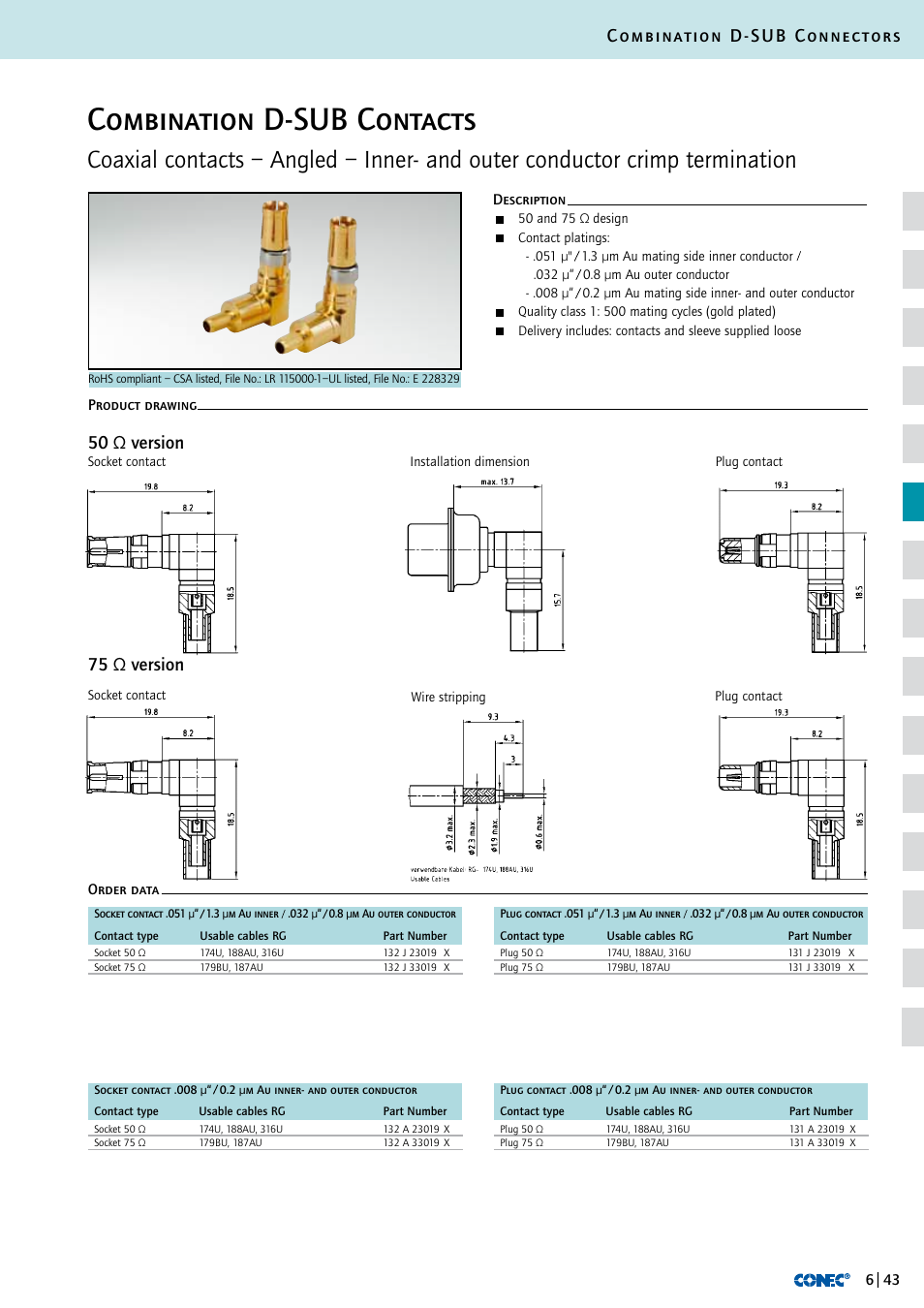 Combination d-sub contacts, Combination d-sub connectors, 75 ω version 50 ω version | Northern Connectors Conec D-Sub Combination Connectors User Manual | Page 44 / 52