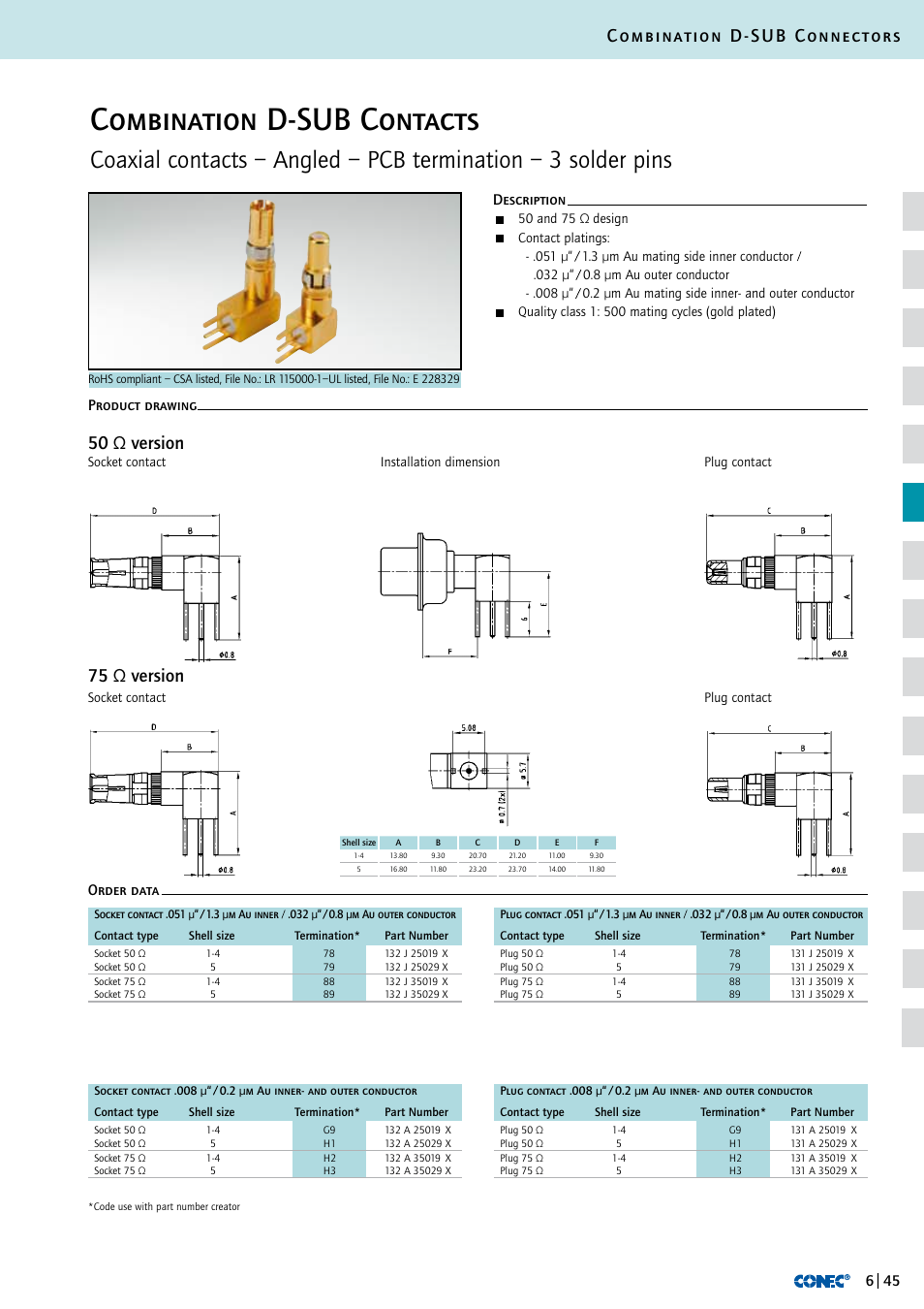 Combination d-sub contacts, Combination d-sub connectors, 75 ω version 50 ω version | Description order data product drawing | Northern Connectors Conec D-Sub Combination Connectors User Manual | Page 46 / 52