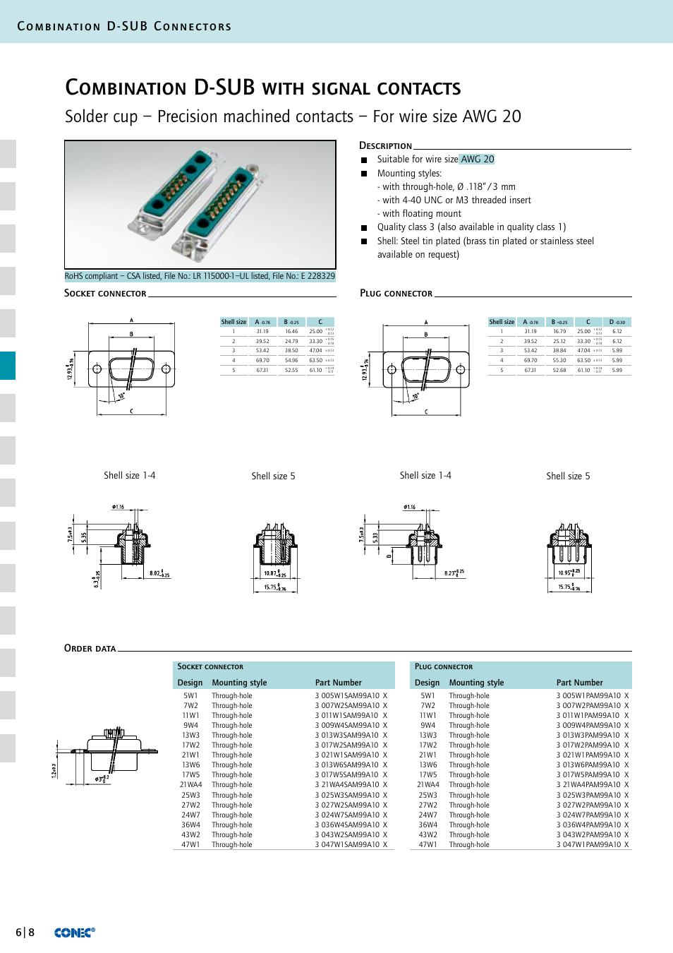 Combination d-sub with signal contacts, Combination d-sub connectors, Suitable for wire size awg 20 | Northern Connectors Conec D-Sub Combination Connectors User Manual | Page 9 / 52