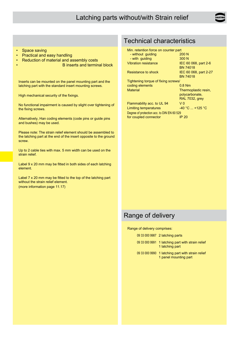 Han-snap, Latching parts without/with strain relief features, Technical characteristics range of delivery | Northern Connectors Harting HAN Industrial Rectangular Connectors User Manual | Page 163 / 536