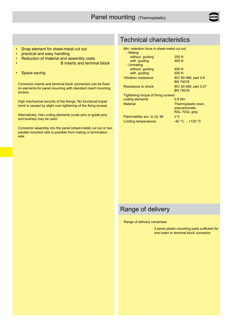 Panel mounting, Han-snap, Features | Technical characteristics range of delivery | Northern Connectors Harting HAN Industrial Rectangular Connectors User Manual | Page 165 / 536