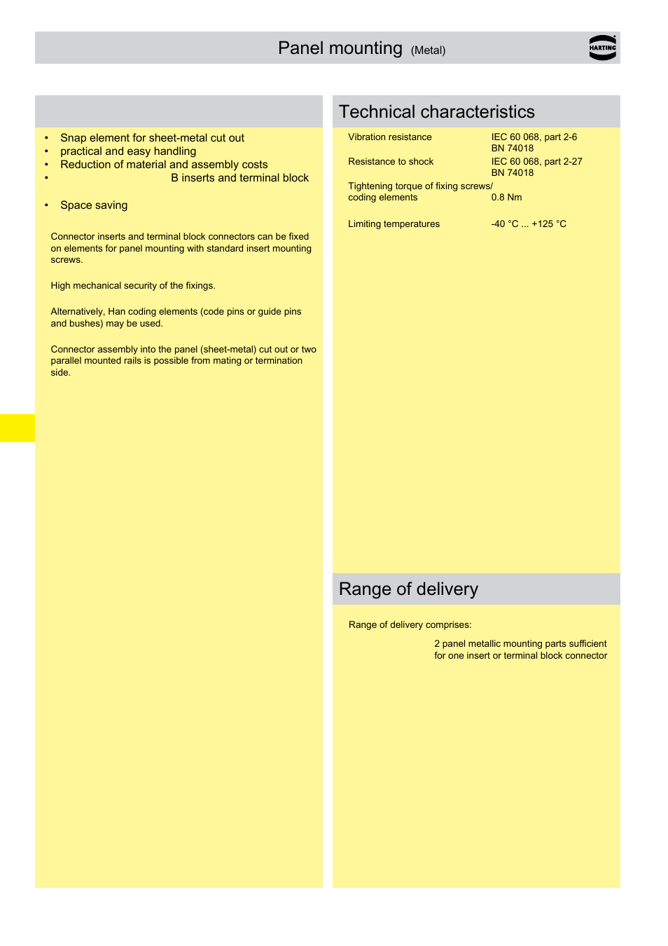 Han-snap, Panel mounting, Features | Technical characteristics range of delivery | Northern Connectors Harting HAN Industrial Rectangular Connectors User Manual | Page 167 / 536